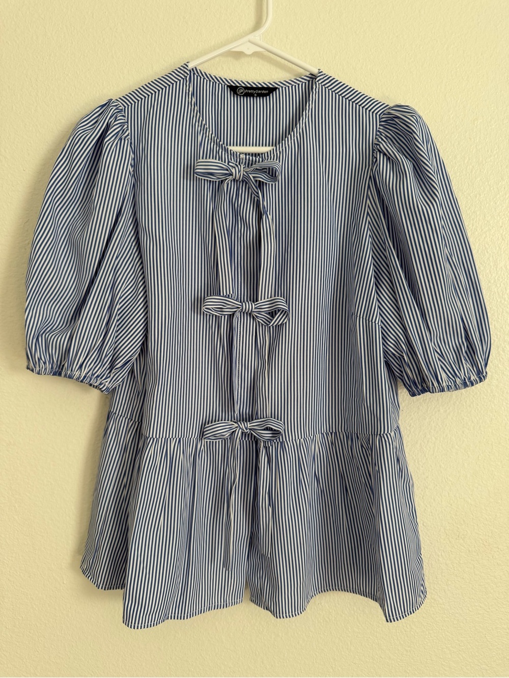 Navy Striped Women's Blouse with Bow Accents